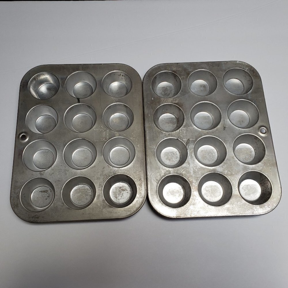 Vintage Mirro Mini Muffin Pans Aluminum Cupcake 12 Holes 2" Set Of 2 USA Made